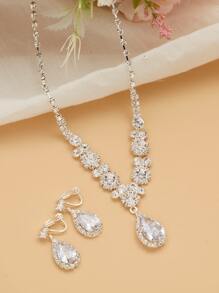 Vòng đeo cổ & Kẹp trên bông tai Rhinestone Water-drop Charm - Bạc - Xem 3