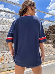 SHEIN Unity Letter Graphic Striped Trim Drop Shoulder Tee Graphic Tees Women Tops - Navy Blue - View 3