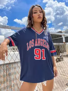 SHEIN Unity Letter Graphic Striped Trim Drop Shoulder Tee Graphic Tees Women Tops - Navy Blue - View 4