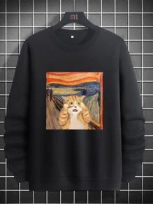Manfinity Hypemode Men Cat Print Round Neck Sweatshirt - Black - View 1