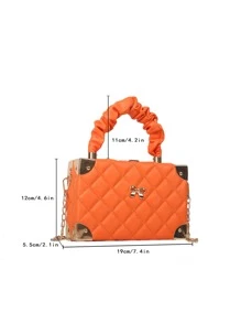 1pc New Solid Color PU Leather Quilted Diamond Small Box Bag, Bow Decor, Pleated Cloud Design Top Handle Hard Shell Box Bag, Metal Chain Shoulder Strap, Daily Use Women Gift Small Square Bag Phone Pouch - Burnt Orange - View 12