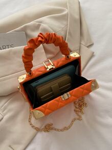 1pc New Solid Color PU Leather Quilted Diamond Small Box Bag, Bow Decor, Pleated Cloud Design Top Handle Hard Shell Box Bag, Metal Chain Shoulder Strap, Daily Use Women Gift Small Square Bag Phone Pouch - Burnt Orange - View 10