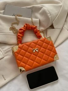 1pc New Solid Color PU Leather Quilted Diamond Small Box Bag, Bow Decor, Pleated Cloud Design Top Handle Hard Shell Box Bag, Metal Chain Shoulder Strap, Daily Use Women Gift Small Square Bag Phone Pouch - Burnt Orange - View 11