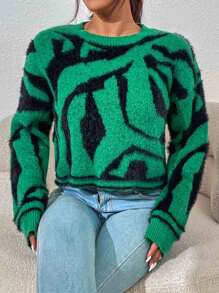 Chiquease Graphic Pattern Fluffy Knit Sweater - Green - View 3