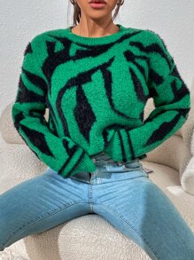 Chiquease Graphic Pattern Fluffy Knit Sweater - Green - View 8