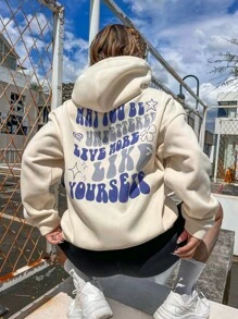 SHEIN ChicEase Hoodie Đồ họa Khẩu hiệu Thả vai Dây rút - Màu be - Xem 1