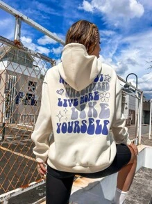 SHEIN ChicEase Hoodie Đồ họa Khẩu hiệu Thả vai Dây rút - Màu be - Xem 3
