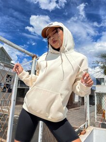 SHEIN ChicEase Hoodie Đồ họa Khẩu hiệu Thả vai Dây rút - Màu be - Xem 4