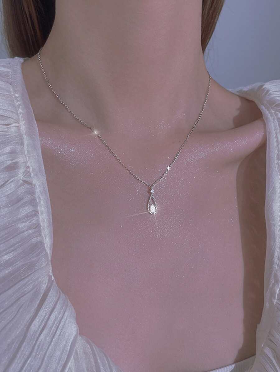 水鑽水滴吊墜項鏈 - 銀色 - 查看 1