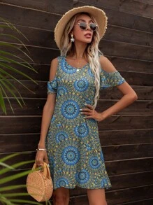 DEARCASE Mandala Print Cold Shoulder Dress - Blue - View 1