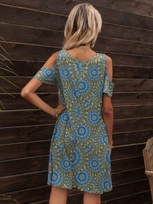 DEARCASE Mandala Print Cold Shoulder Dress - Blue - View 2
