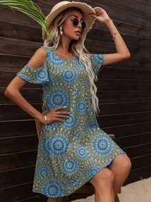 DEARCASE Mandala Print Cold Shoulder Dress - Blue - View 4