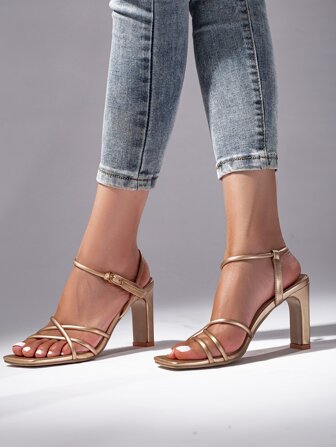 Women Metallic Crossover Strap Chunky Heeled Ankle Strap Sandals, Glamorous Banquet Heeled Sandals