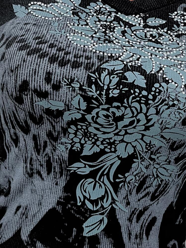 Grunge Floral and Wing Print Rhinestone Detail Rib-knit Tee - Black - View 3