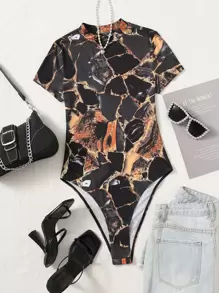 SHEIN EZwear Marble Print High Cut Bodysuit - Multicolor - View 1