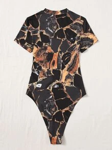 SHEIN EZwear Marble Print High Cut Bodysuit - Multicolor - View 2