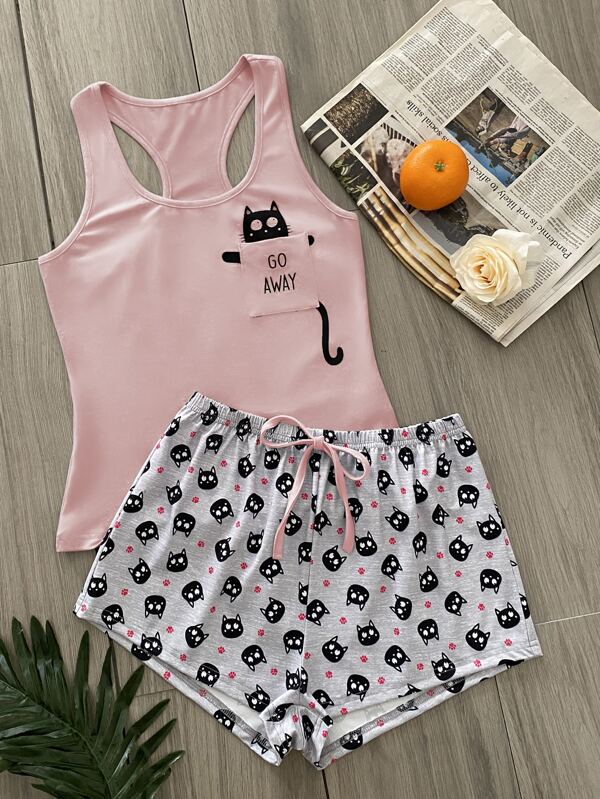 Conjunto de pijama con gráfico de dibujos animados y eslogan con frente anudado