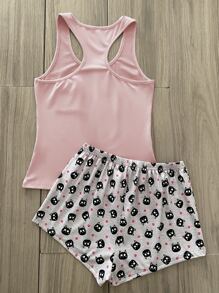 Conjunto de pijama con gráfico de dibujos animados y eslogan con frente anudado