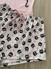 Conjunto de pijama con gráfico de dibujos animados y eslogan con frente anudado