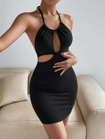 Cut Out Tie Back Halter Bodycon Dress