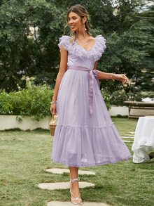 Simplee Women's Summer Solid Color Bow Tie Strap Lace Cute Sleeveless Dress, Great For Wedding Guests Bridesmaid Dress - Lilac Purple - View 4