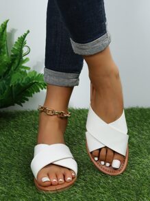 休閒戶外平底拖鞋適用於女士交叉人造皮革露趾涼拖 - 白色 - 查看 4