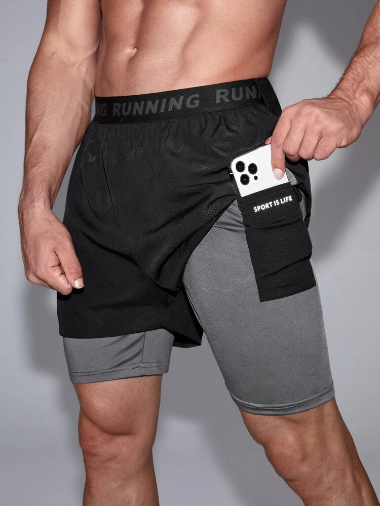 Boyfriend Style Men Reflective Panel 2 In 1 Sports Shorts With Phone Pocket Sweat Pants Black Shorts