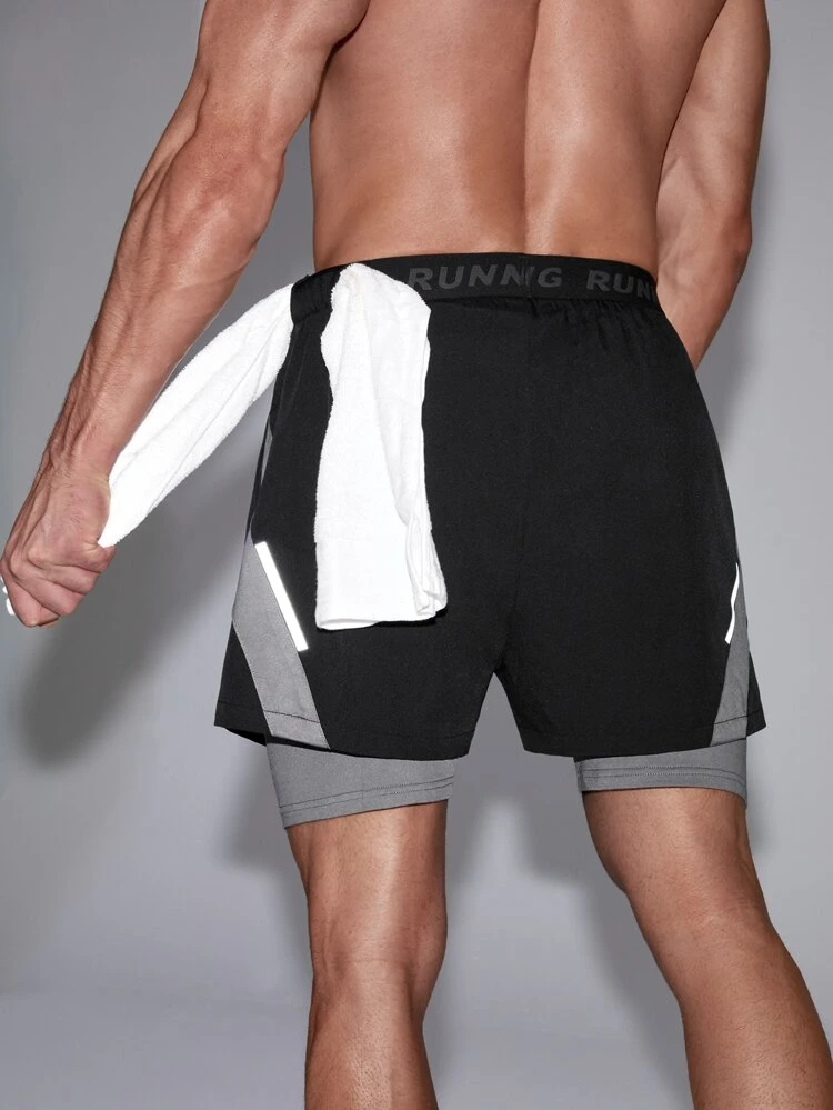 Boyfriend Style Men Reflective Panel 2 In 1 Sports Shorts With Phone Pocket Sweat Pants Black Shorts