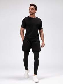 Manfinity Sport Corelite 男士反光字母圖案運動T恤和假兩件運動褲 - 黑色 - 查看 1