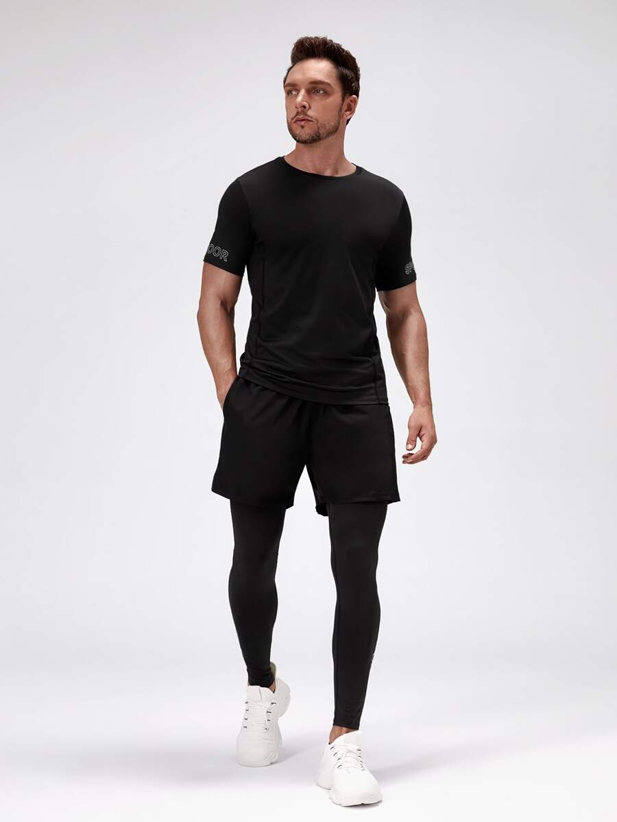 Manfinity Sport Corelite 男士反光字母圖案運動T恤和假兩件運動褲 - 黑色 - 查看 1