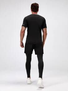 Manfinity Sport Corelite 男士反光字母圖案運動T恤和假兩件運動褲 - 黑色 - 查看 2