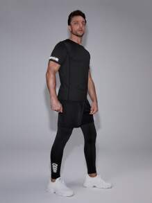 Manfinity Sport Corelite 男士反光字母圖案運動T恤和假兩件運動褲 - 黑色 - 查看 3