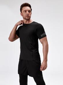 Manfinity Sport Corelite 男士反光字母圖案運動T恤和假兩件運動褲 - 黑色 - 查看 4