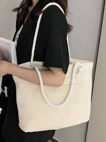 EMERY ROSE 轻便、休闲简约大容量草编包，适合少女、女大学生，非常适合大学、户外、旅行、郊游、书包、大容量、便携、笔记本电脑隔层夏季草编女士沙滩包、最热门的女士沙滩包、时尚夏季度假包、海滩必备女士度假包、度假必备包、非常适合夏季、度假和海滩 - 米色 - 查看 2