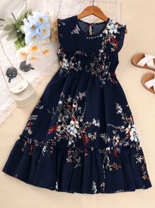 Girls Floral Print Keyhole Back Ruffle Hem Dress - Navy Blue - View 1
