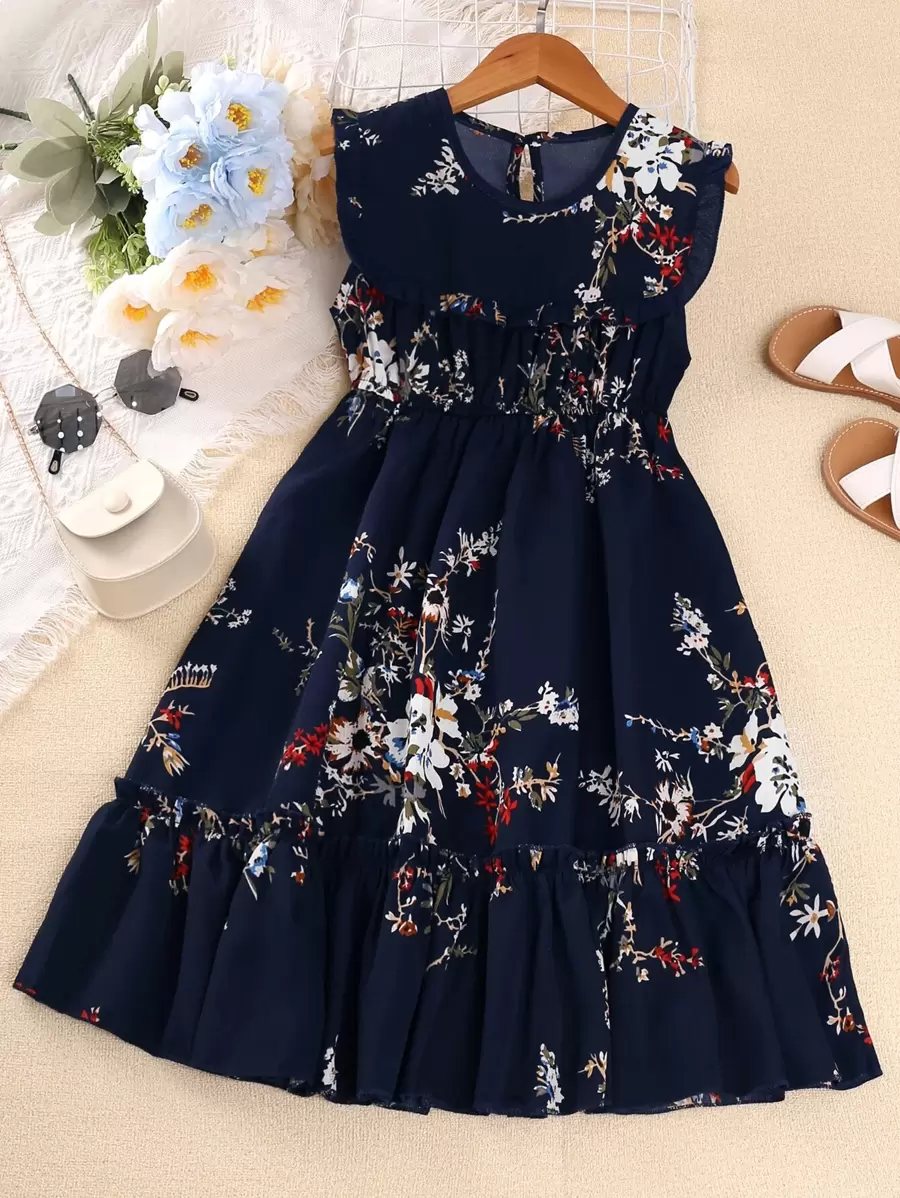 Girls Floral Print Keyhole Back Ruffle Hem Dress - Navy Blue - View 1