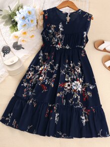 Girls Floral Print Keyhole Back Ruffle Hem Dress - Navy Blue - View 2