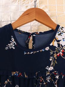 Girls Floral Print Keyhole Back Ruffle Hem Dress - Navy Blue - View 3