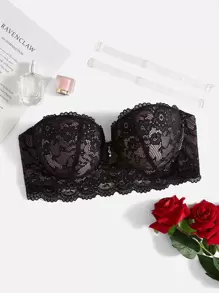 Plus Floral Lace Tube Underwire Bra With 1pair Transparent Strap - Black - View 1