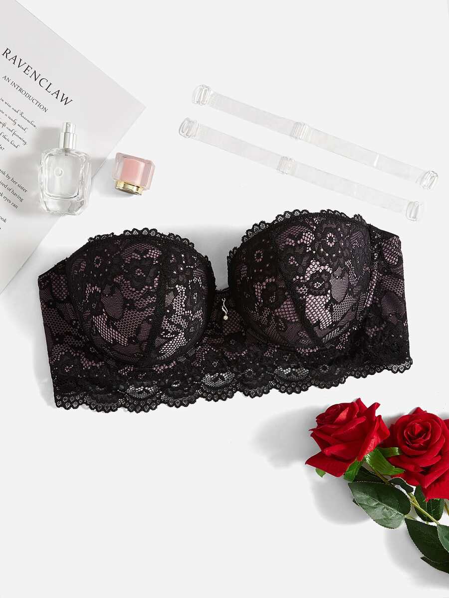 Plus Floral Lace Tube Underwire Bra With 1pair Transparent Strap - Black - View 1