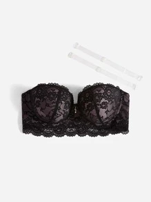 Plus Floral Lace Tube Underwire Bra With 1pair Transparent Strap - Black - View 3