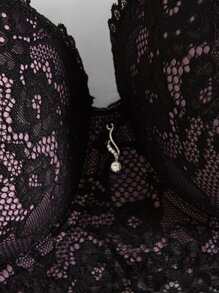 Plus Floral Lace Tube Underwire Bra With 1pair Transparent Strap - Black - View 4