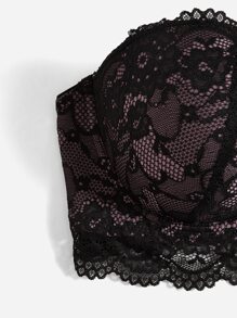 Plus Floral Lace Tube Underwire Bra With 1pair Transparent Strap - Black - View 5