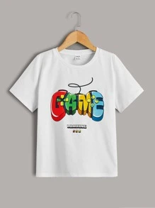 SHEIN 男孩字母圖案小圓領T恤 - 白色 - 查看 1