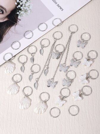 24 piezas Anillo para el cabello con colgantes de hojas y mariposas