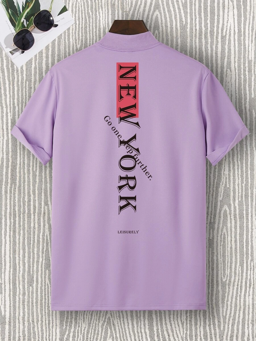Manfinity Homme 男士字母圖案小高領T恤 - 紫丁香色 - 查看 1