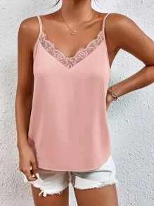 SHEIN Frenchy Contrast Lace Cami Top   Commute Minimalist Office Old Money  Simple Elegant Pink Summer - Dusty Pink - View 3