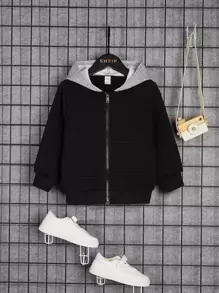 SHEIN 小男童拉鍊拼接帽子夾克 - 黑色 - 查看 5