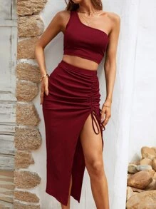 SHEIN VCAY One Shoulder Top & Drawstring Split Thigh Skirt - Burgundy - View 9