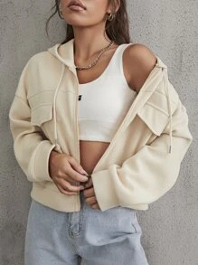 SHEIN EZwear Drop Shoulder Drawstring Hooded Jacket Fall Winter Cloth For Women - Apricot - View 1
